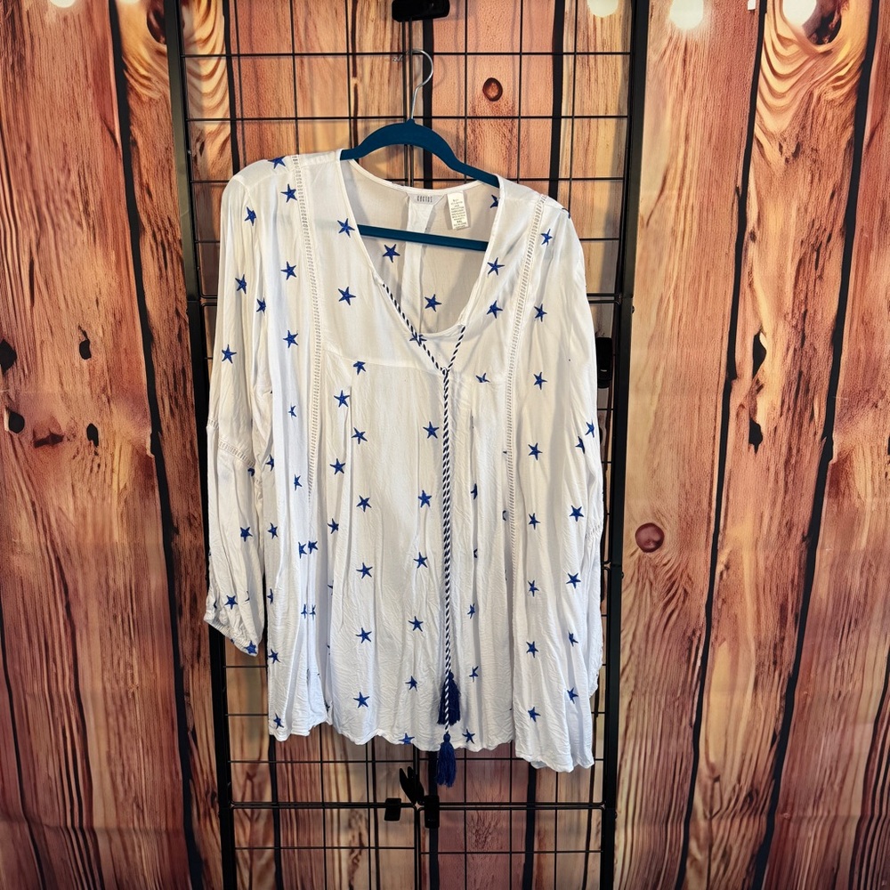 Kaktus - Kaktus Nautical Embroidered Stars Peasant Top - White - Xxl